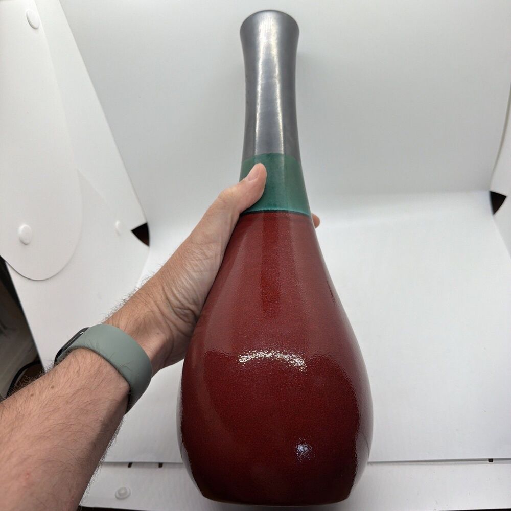 DESTINOS S.A. Vintage Glazed Red & Green 15” Vase Made in Portugal